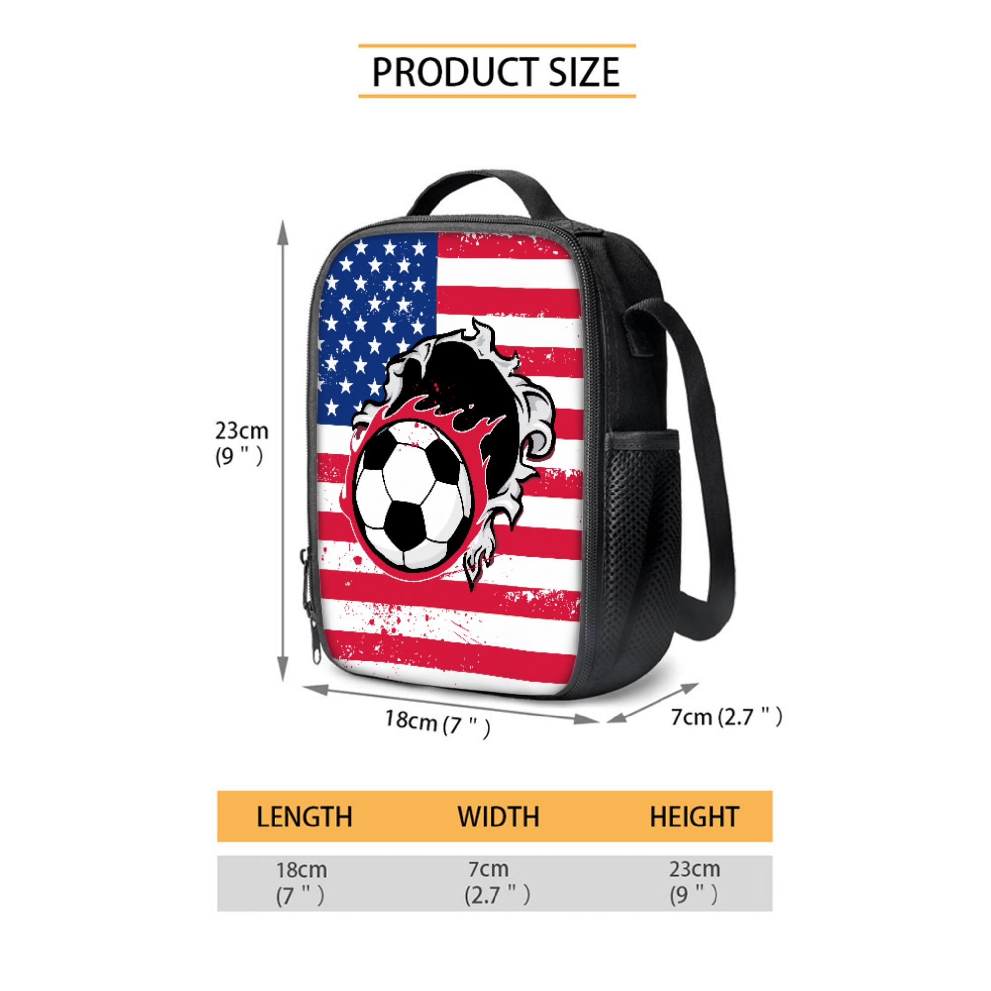 Xixirimido American Flag Soccer Ball Pattern 4Pcs Backpack Set for Students 17 Inch School Bag, Thermal Lunch Tote, Water Bottle Carrier, Pen Case, Lightweight & Large Capacity