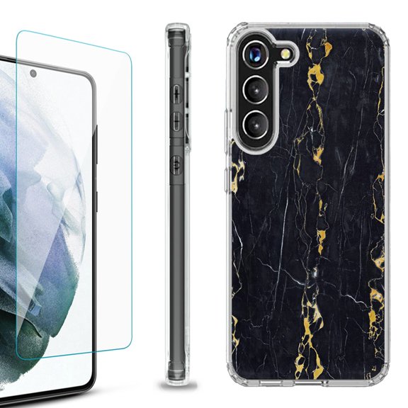 Shockproof Bumper Phone Case for Samsung Galaxy S23 5G, with Tempered Glass Screen Protector, by OneToughShield ® - Marble / Gold/Black