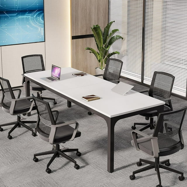 Tribesigns 78.74-Inch White and Black Conference Table, Large Office Meeting Seminar Desk with Metal Legs and Adjustable Foot Pads, Seats 6–8, Only Table Included