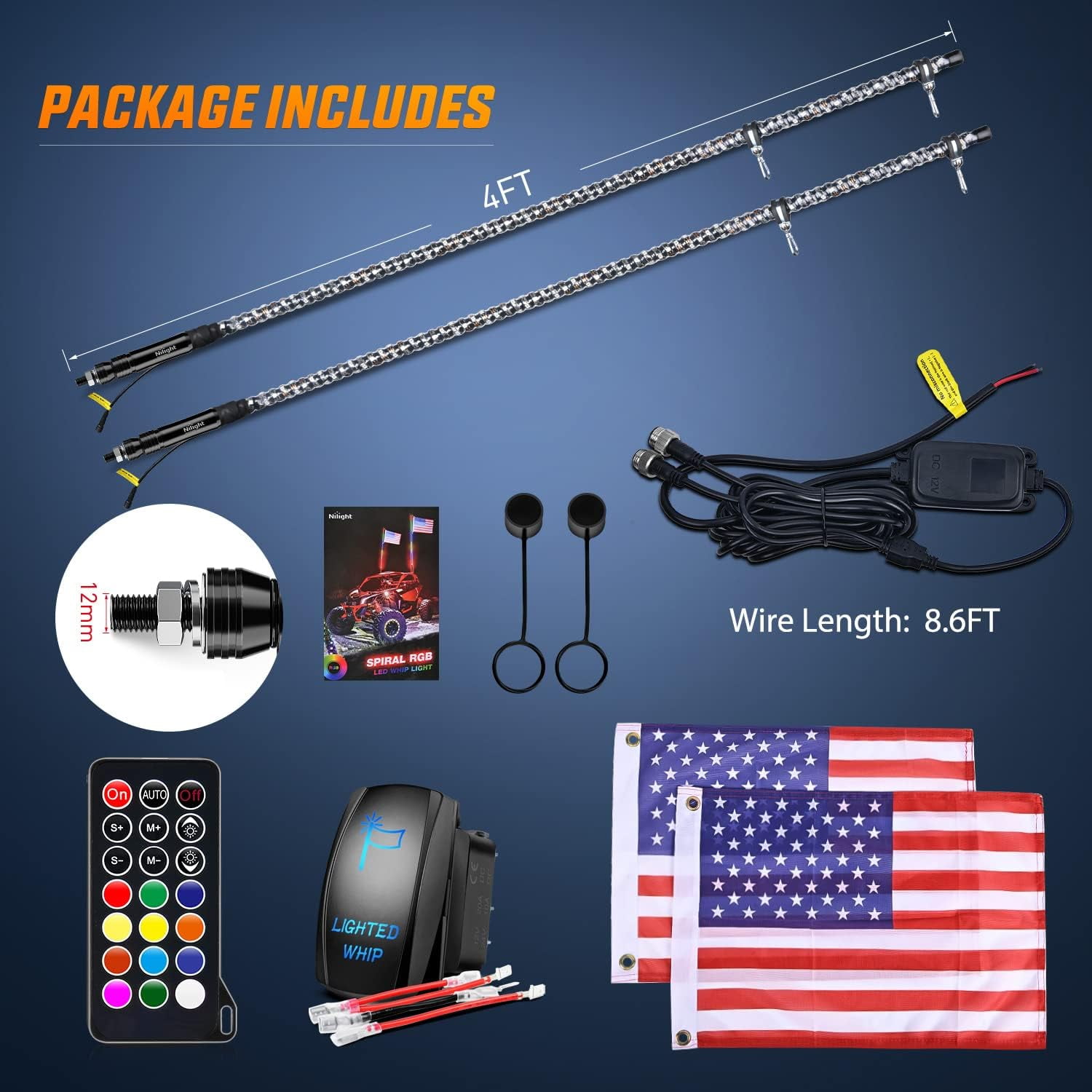 Nilight RGB Waterproof 4FT Spiral LED Whip Light 2 Pack with Strobe & Remote for ATV UTV RZR Polaris Jeep Truck