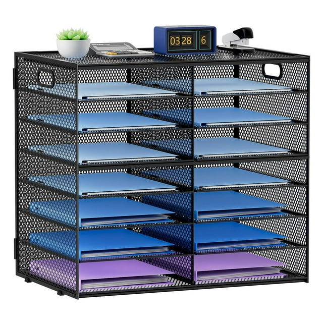 Lavatino 14 Compartments Paper Organizer for Desk, Mesh Literature Organizer, Mail File Sorter Tray with Handle, Desktop Mailbox for Office Classroom