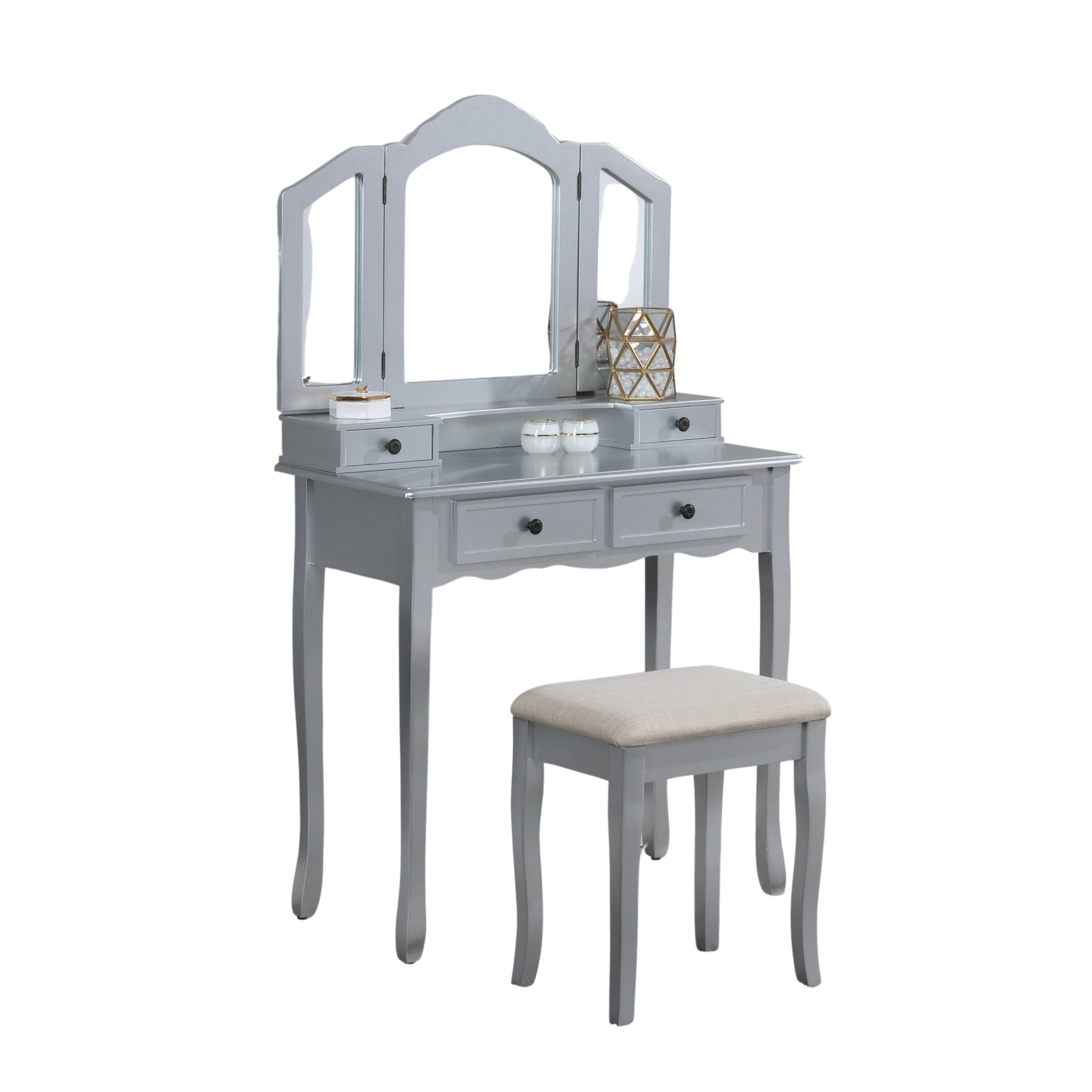 Mintazer Vintage Tri-Fold Mirror Makeup Vanity Table Set, Dressing Table with 4 Drawers & Upholstered Stool for Bedroom, Silver