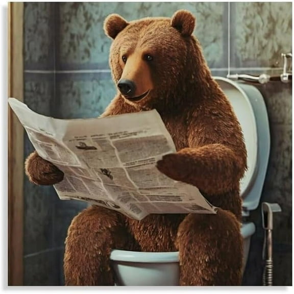 Aaheei Square Canvas Bathroom Decor Brown Bear Wall Decor Poster Animals Reading Newspaper Theme Bathroom Wall Art Print Toilet Wall Decor Home Gift