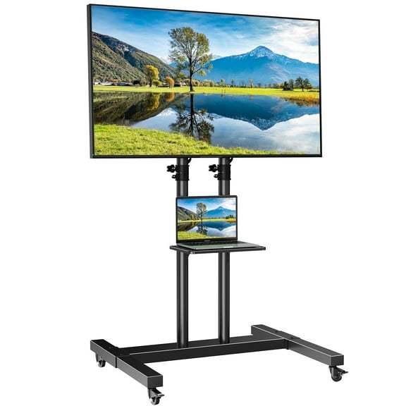 Modern Rolling TV Stand with Metal Shelf for 32-82 Inch TVs ,Height Adjustable Mobile TV Cart with Swivel Tilt, Max 600x400mm, Holds up to 110 lbs