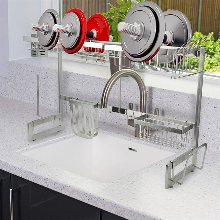 Height Adjustable Dish Drying Rack, Hanging Dish Drainer Between Cabinet  and Countertop Sturdy Standing Space Saver Kitchen Supplies Storage Shelf