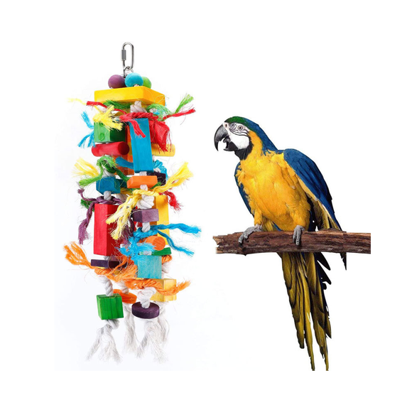 Juguete masticable para loros y guacamayos; roe los picos recortados, cuida las plumas y mantiene al animal saludable.