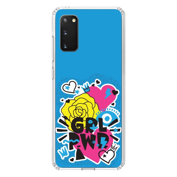 DistinctInk Clear Shockproof Hybrid Case for Galaxy S20 PLUS / 5G (6.7" Screen) - TPU Bumper, Acrylic Back, Tempered Glass Screen Protector - Girl Power - GRL PWR - Blue, Pink, Yellow