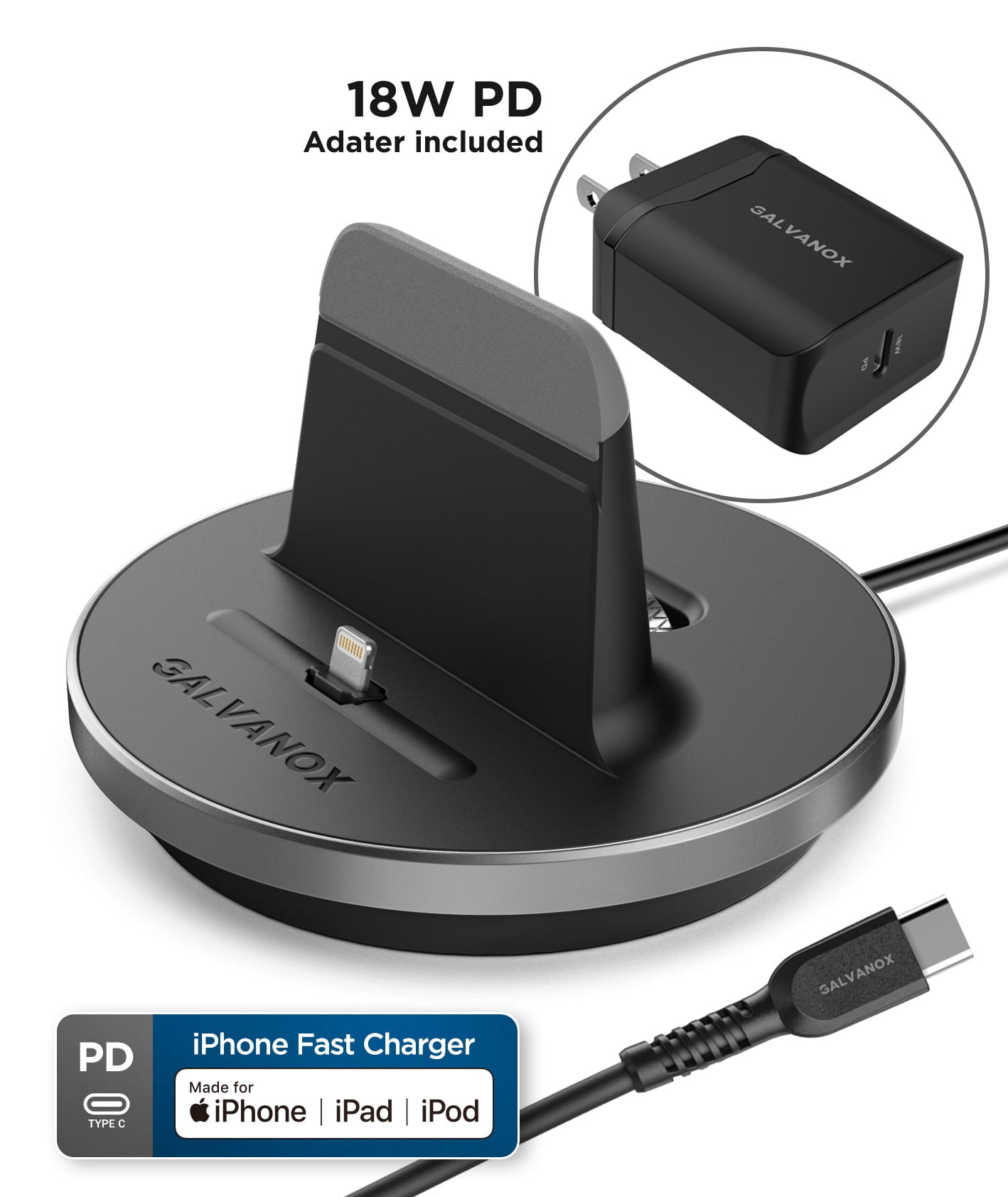 Galvanox iPhone Charger Stand (MFi Certified) Fast Charging Lightning Desktop Holder Dock with Built-in USB C Cable and USB-C 18W Power Adapter for Apple iPhone 8/8 Plus/X/Xs Max/XR/11/Pro Max