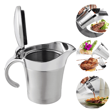 Stainless Steel Gravy Boat Sauce Jug with Hinged Lid,Dingrich Double Wall Insulated,Steak Sauce Pot Water Pitcher Storage for Jams,Gravy,Cream,Sauce,Salad Dressing,16oz/450ml