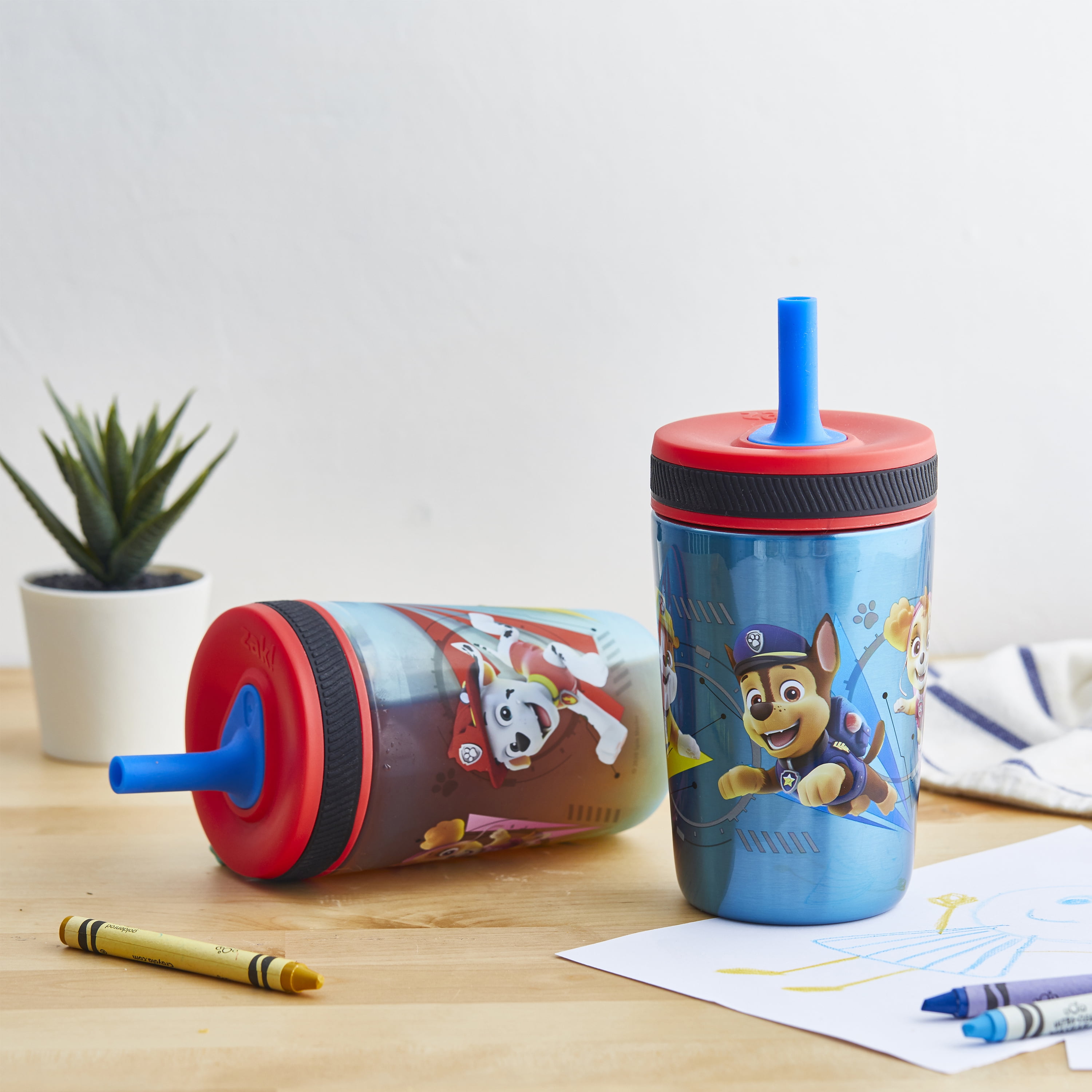Zak Designs 12oz and 15oz 2-Pack Straw Tumbler Stainless Steel and Plastic with Additional Straw Leakproof and Perfect for Kids, PAW Patrol