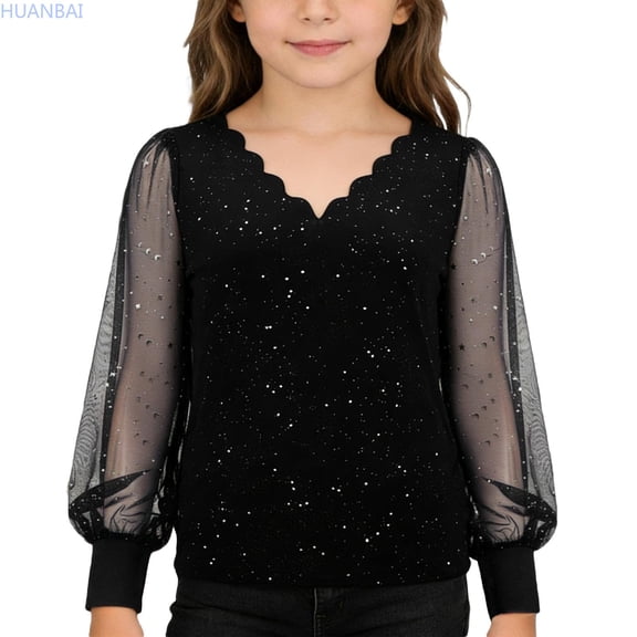 HUANBAI Girls Long Sleeve Casual Party Top With Sparkly Collar Loose Fit Tee Shirt For Tweens And Teens Festive Celebration Blouse Outfit Toddler Shirts 5-6 Years
