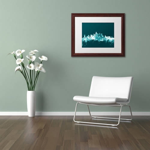 Trademark Fine Art "Philadelphia PA Skyline Teal" Canvas Art by Michael Tompsett, White Matte, Wood Frame