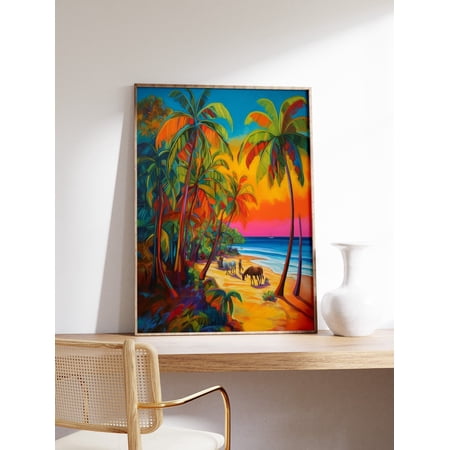Caribbean Tropical Scenery Floral Black Decor Landscape Wall Art Print Unframed Paper Print