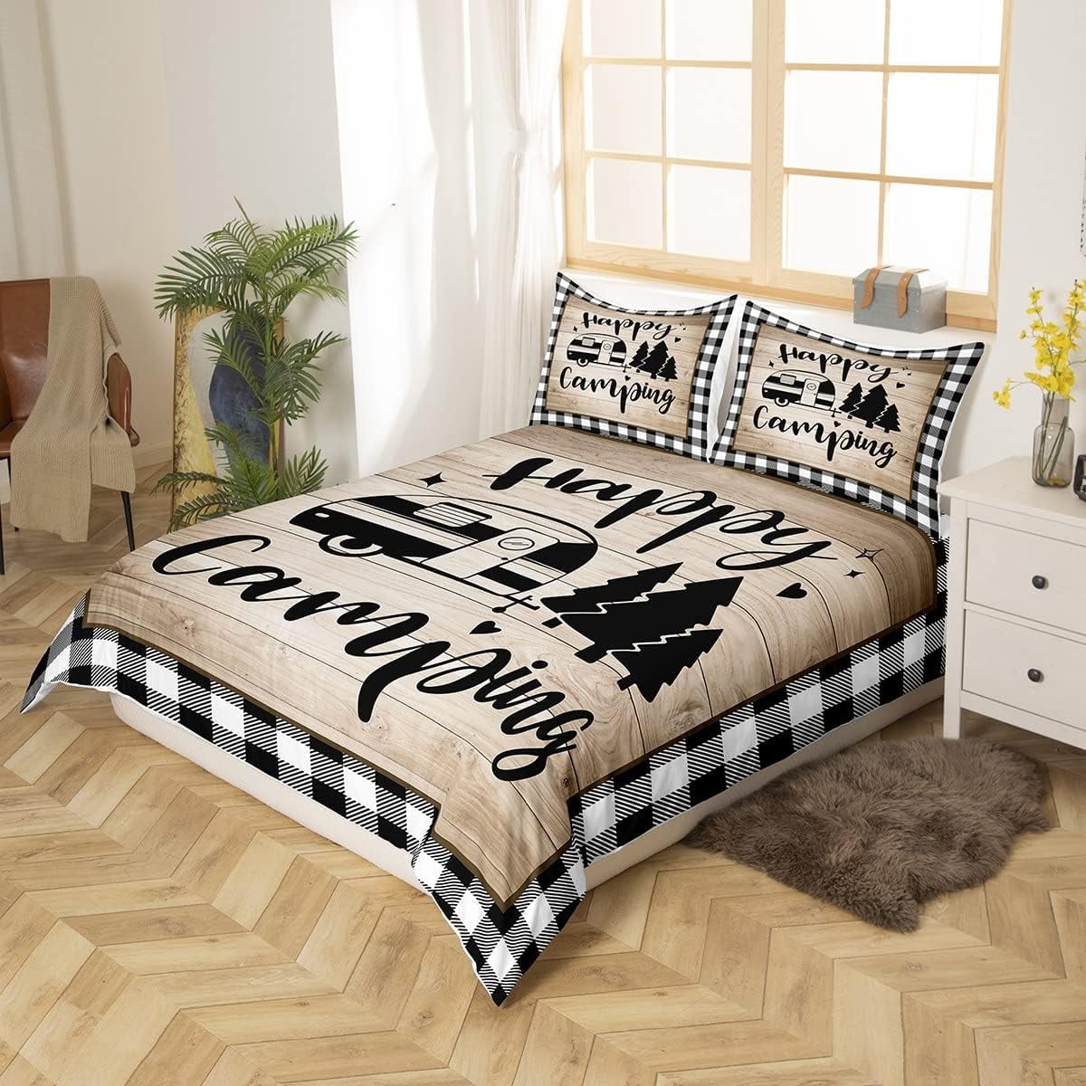 Girls Duvet Cover Set Queen, 3 Piece Rustic Farmhouse Plaid Camper , Pine Happy Camping Bedding Set Soft Breathable All Season for Teens and Kids