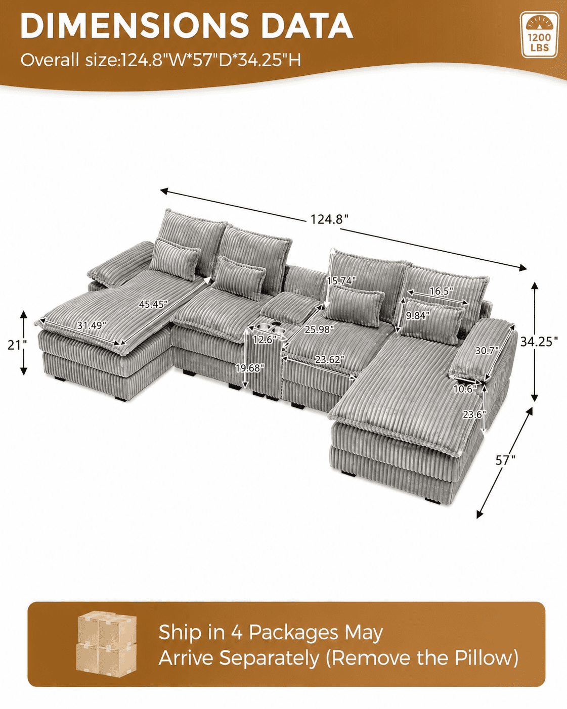 ShiKeyi Oversided 124" U Shaped Cloud Couch Sectional, DeepSeat Sofa Bed with USB Charging, Hidden Storage, Cup Holders & Chenille Double Chaise, Light Gray