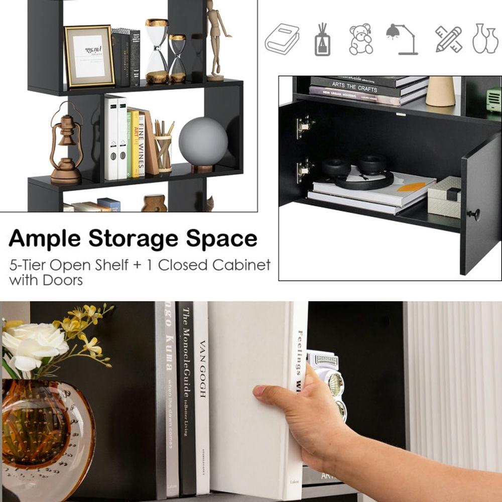 Demi Bonn 6-Tier S-Shaped Freestanding Bookshelf, Bookcase with Storage Cabinet and Doors, Black
