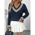 thumbnail image 2 of Womens V Neck Oversized Sweaters Long Sleeve Cable Knit Pullover Striped Chunky Sweater Casual Tunic Tops Navy Blue S, 2 of 8