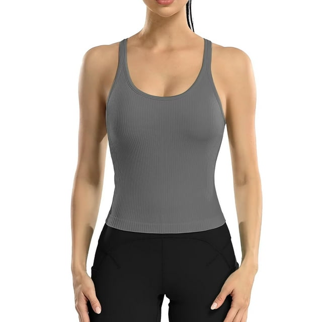Charmo Women's Scoop Neck Ribbed Tank Tops Slim Straps Cropped Tops Built in Bra
