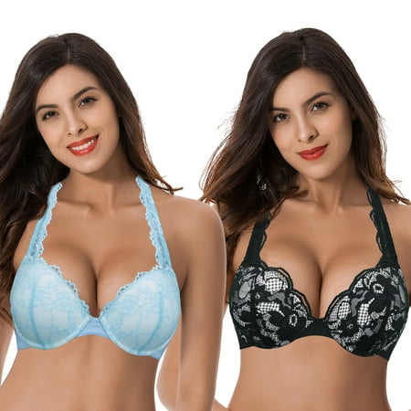 

Curve Muse Women s Plus Size Add 1 and a half Cup Push Up Underwire Convertible Lace Bras -2PK-Black Lt Blue-32DDD