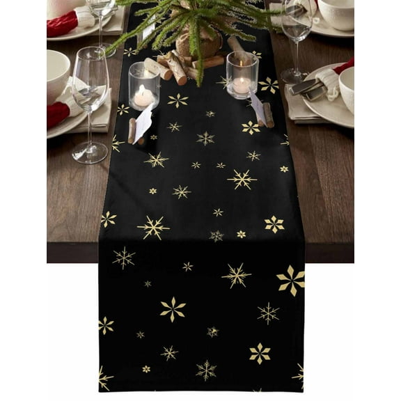 Christmas Table Runner Xmas Golden Snowflake Table Runners Snow Black Cotton Linen Dresser Scarf Kitchen Dining Table Decor for Christmas Holiday Party Decor 13x72 Inch
