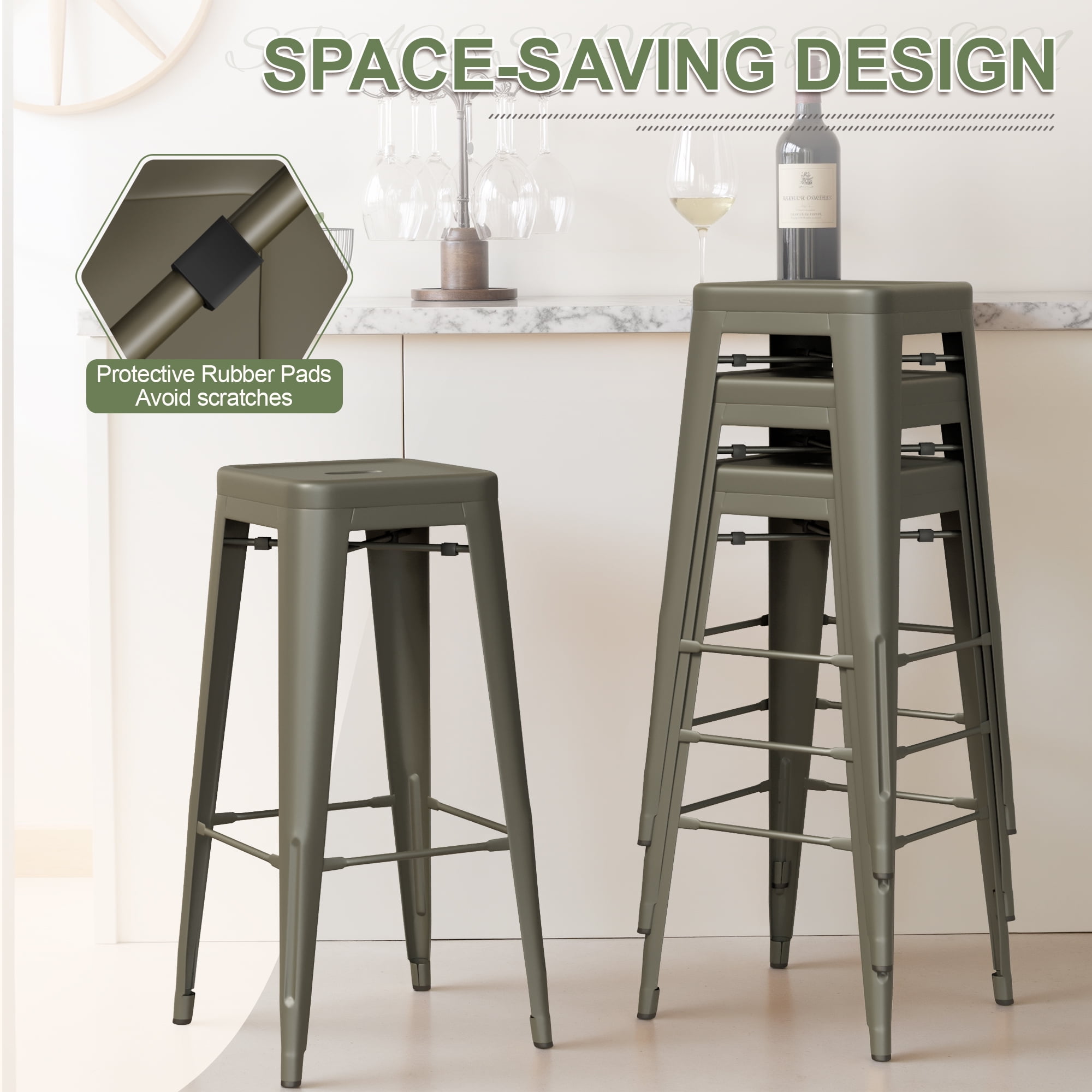VINEEGO 30 Inches Metal Bar Stools for Counter Height Indoor-Outdoor Modern Stackable Industrial Stools Set of 4 (Gun)