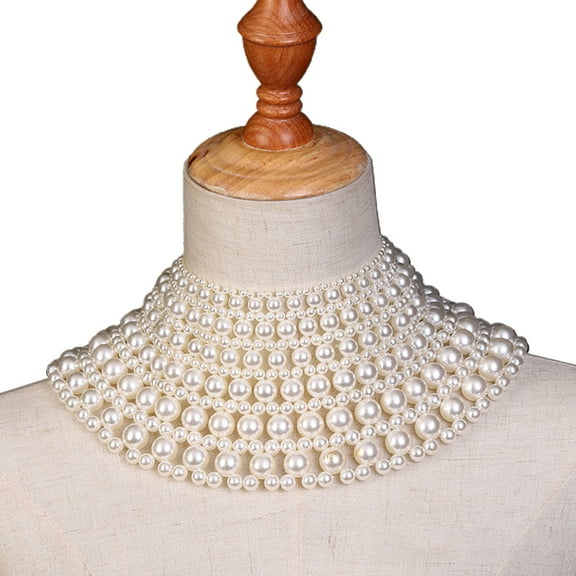 Aellinatey Jewelry Bib Choker Necklace Fanshaped Faux Pearl Beaded Body Chain Shawl Collar