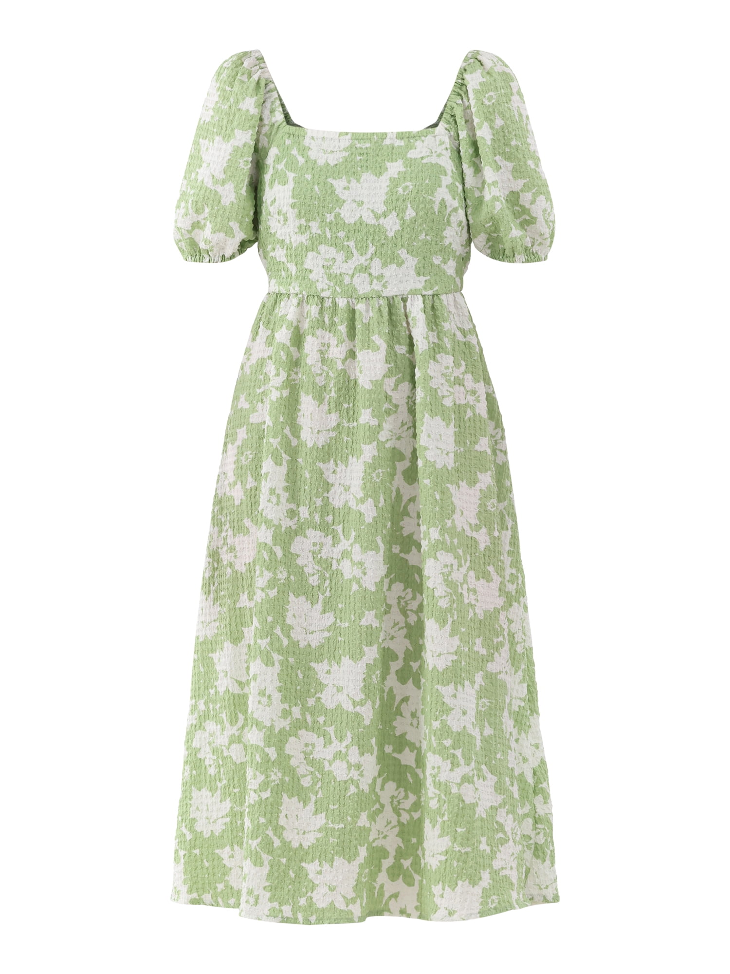 Time and Tru Women's and Women's Plus Cotton Back Tie Midi Dress with Short Puff Sleeves, Sizes XS-4X