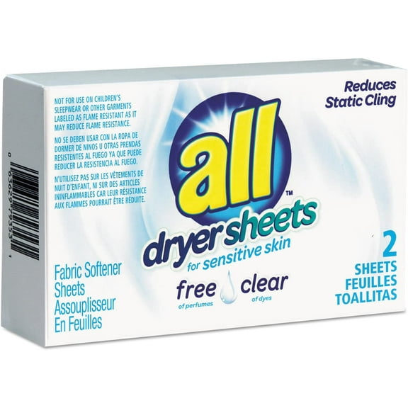 All 2979353 Free Clear Vend Pack Dryer Sheets, Fragrance Free, 2 Sheets/Box, 100 Box/Carton