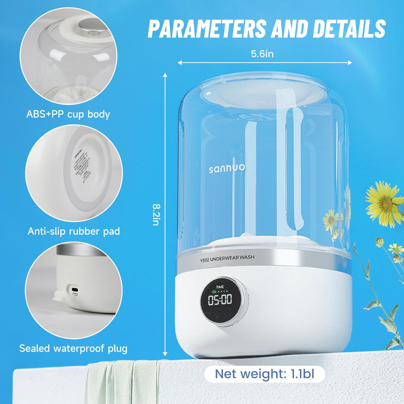 Portable Mini Washing Machine Small Travel Washing Machine 1.2L Suitable for Underwear, Panties, Socks