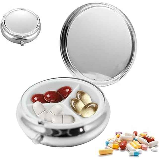 Pastillero pequeño de metal, pastillero de tres compartimentos, pastillero redondo, pastillero portátil, caja de almacenamiento multifuncional para medicamentos de viaje y vitaminas (tamaño: azulejo