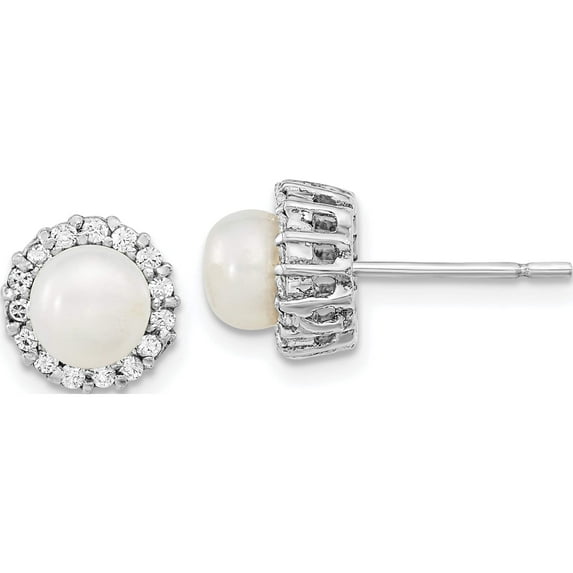 Sterling Silver Rhodium-Plated Cz Fw Cultured Pearl Post Earrings (9.16 X 9.16) Made In India qe13870