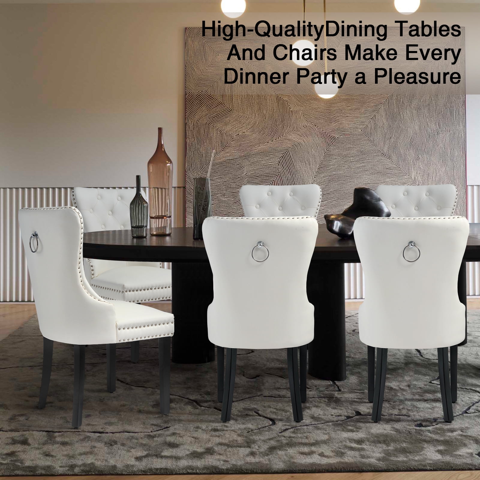 Foredo PU Leather Dining Chairs Set of 2, Tufted Upholstered Dining Room Chair with Pull Ring and Solid Wood Legs, White