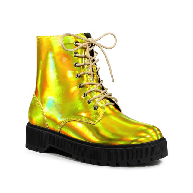 Unique Bargains Women's Round Toe Platform Lace Up Colorful Combat Ankle Boots Gold Yellow (Size 8.5)