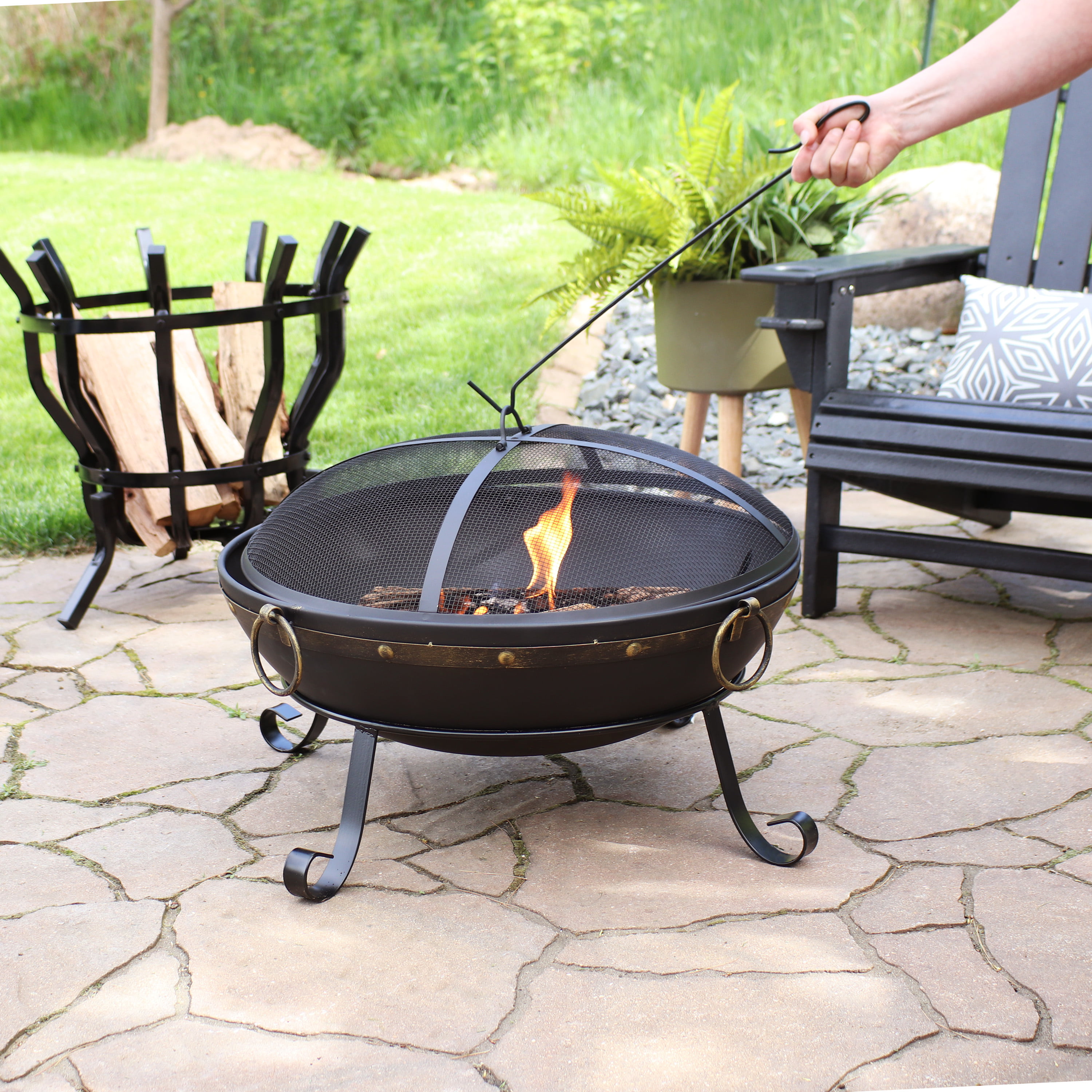 Sunnydaze Rustic Cast Iron Fire Pit Bowl With Handles Outdoor Wood