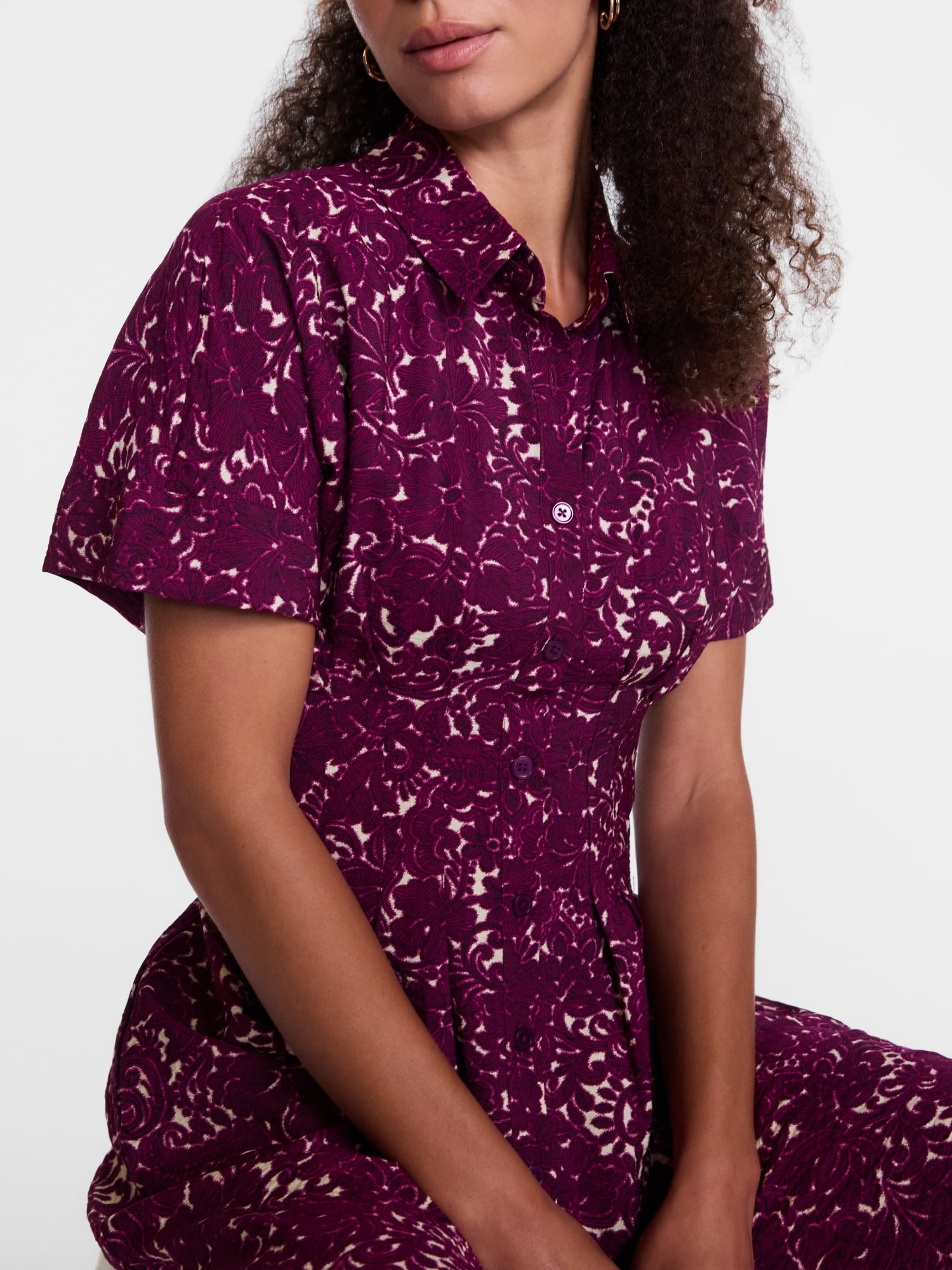 Scenario Women's and Women's Plus Pleated Waist Midi Shirtdress with Short Sleeves, Sizes XS-4X