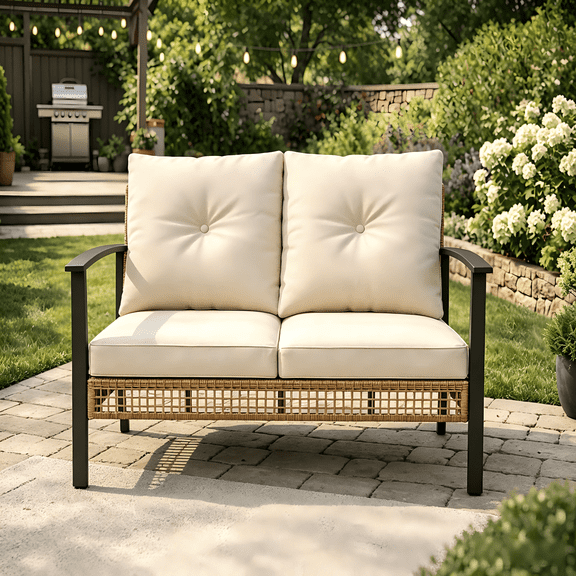 Deersky 2-Seat Outdoor Patio Loveseat, All-Weather PE Rattan Wicker Chair with Soft Cushions for Porch, Balcony, Garden