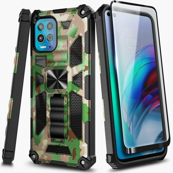 Nagebee Case for Motorola Moto G100 / Moto Edge S with Tempered Glass Screen Protector (Full Coverage), Full-Body Protective Shockproof [Military-Grade], Built in Kickstand Case (Camo)