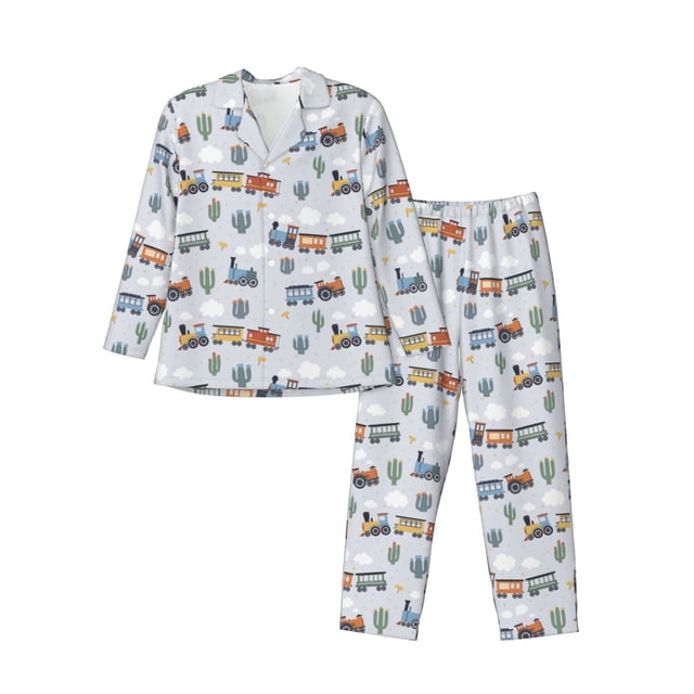 Fotbe Trains And Cactuse Pijama de Hombre con Estampado de Manga Larga, Conjunto de 2 Piezas, Ropa de Dormir Suave y Cómoda con Bolsillos-Large