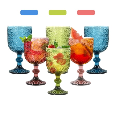 11oz Drinking Wine Goblets Glassware set of 6 Vintage Stemware embossed Christmas Party Wedding Bar  flower pattern