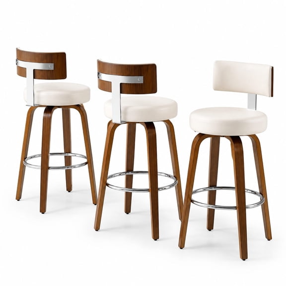 Faux Leather Upholstered Counter Height Bar Stools Set of 3, White, 26 Inch Seat Height, Swivel Round Seat with Supportive Back, Walnut Wood Legs, Mid Century Modern Kitchen Island Chairs