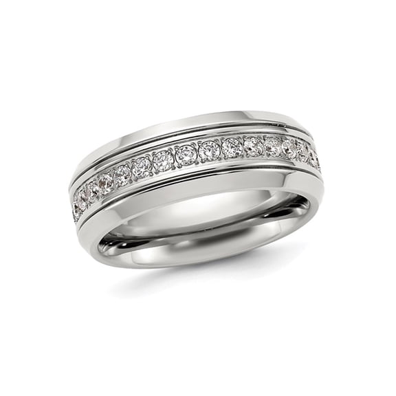 Mens Titanium Polished Band Ring with Synthetic Cubic Zirocnias (8mm) for Men