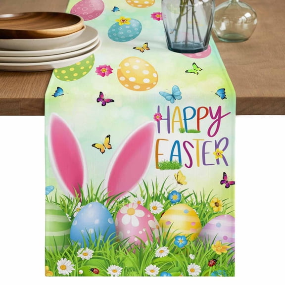 Table Runner 48 Inches Long for Kitchen Dining, Easter Dresser Scarf Farmhouse, Dining Table Decorations for Wedding/Parties, Spring Easter Eggs Bunny Butterflies Green 13 x 48 In