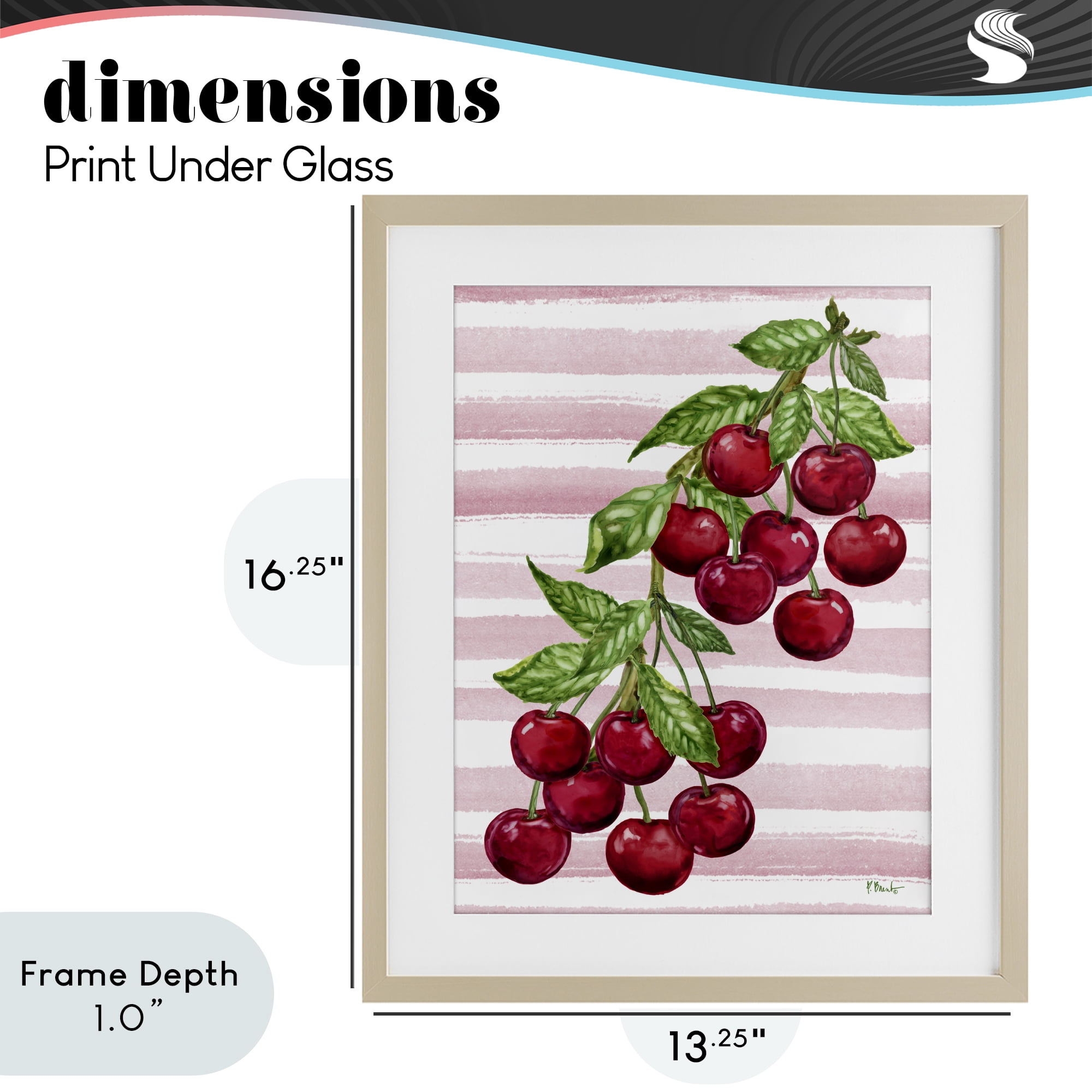 Stupell Industries Juicy Cherry Vine on Stripes Birch Framed Print Under Glass, design by Paul Brent