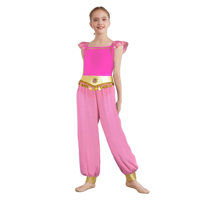 Sxiwei Arabian Princess Jumpsuits For Girls Rhinestone Patchwork Flying Sleeve Leotard Chiffon Overalls Hot Pink 14