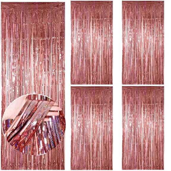5 Pack 3.3 ft x 6.6 ft Rose Gold Tinsel Foil Fringe Curtains, Metallic Photo Booth Backdrop for Birthday Party Decoration