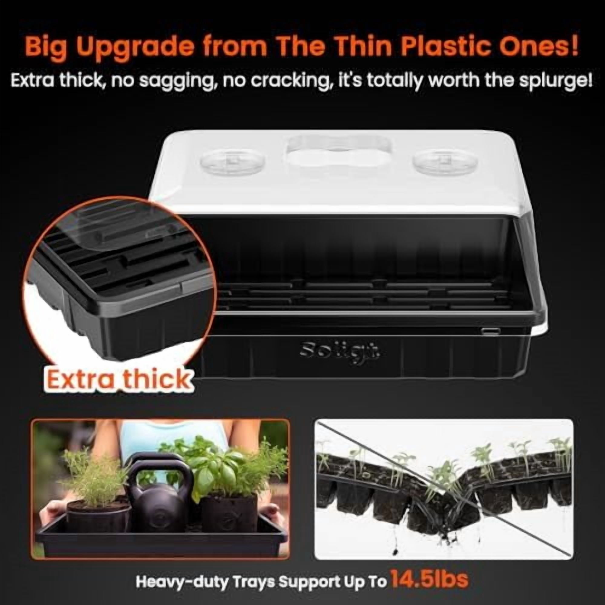RibRave [Thick Plastic] 3-Set Strong Seed Starter Trays with 5" Humidity Domes for Seed Starting, Germination, Seedling Propagation & Plant Growing, Holds 144 Cells in Total