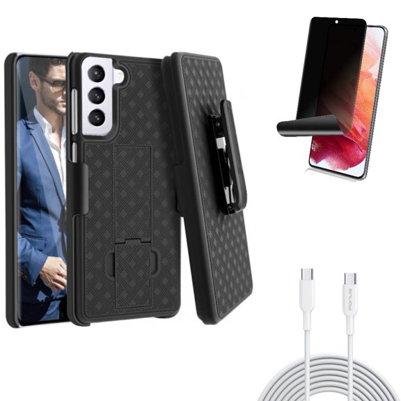 10ft Long Type-C Cable w Case Belt Clip w Privacy Screen Protector for Samsung Galaxy S21 Plus - Fast Charger Cord PD, Holster Swivel, TPU Film Fingerprint Works Accessory Bundle