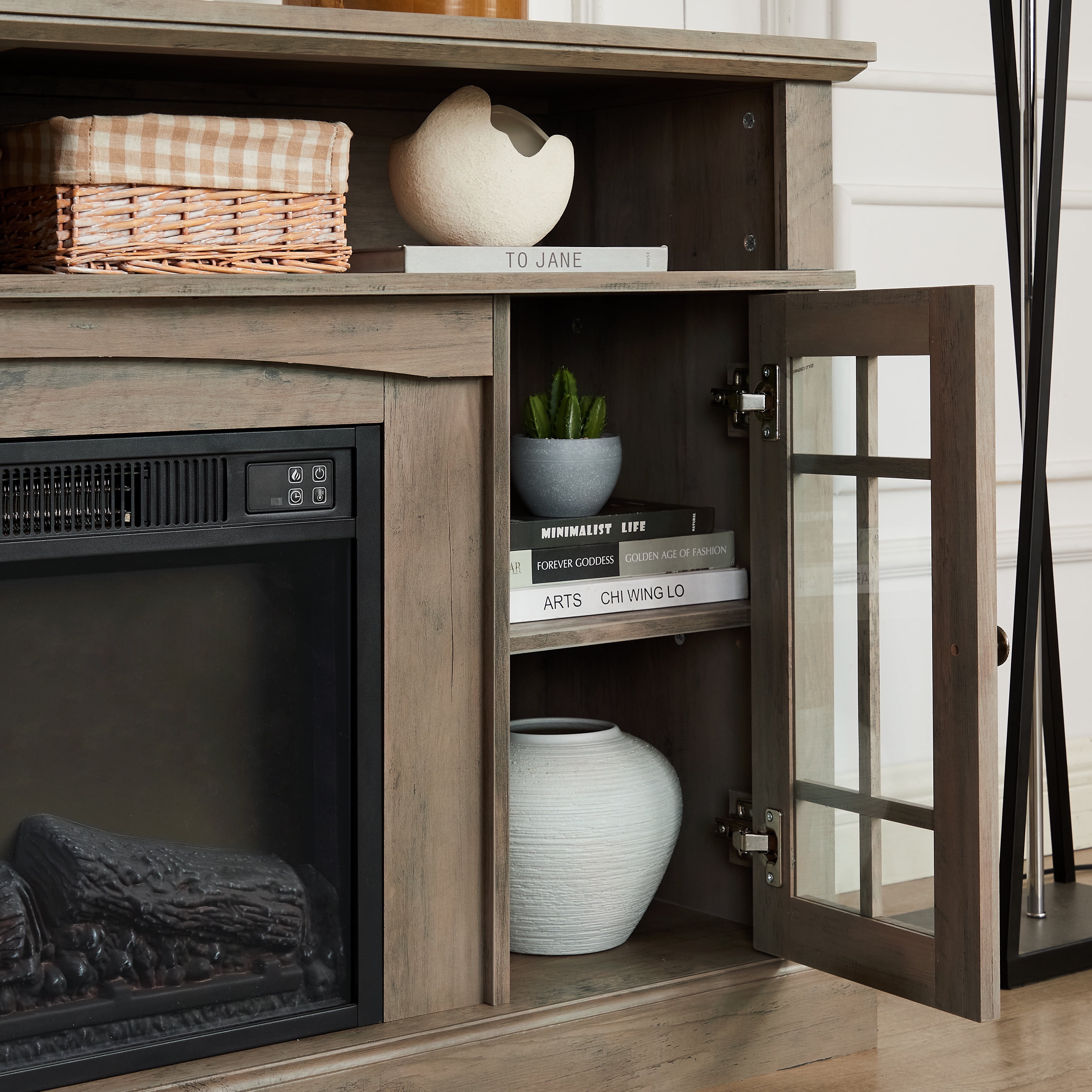 PAPROOS Fireplace TV Stand for 65 Inch TV, Modern Farmhouse TV Cabinet with 23'' Electric Fireplace, Entertainment Center Television Console Table for Living Room, Gray