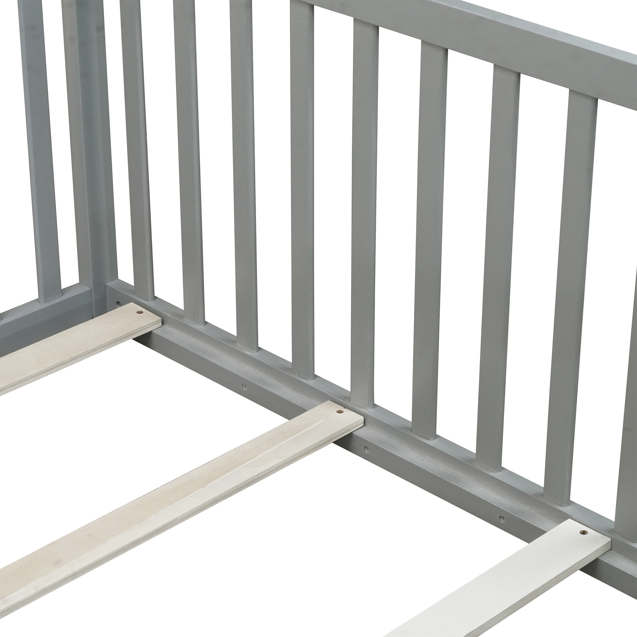PORKISS Twin Size Floor Bed with Door and Fence, Twin Size Bed Frame with Bed Slats, Sturdy Wood Floor Bed for Kids, Boys, Girls, Montessori Bed Frame, Grey