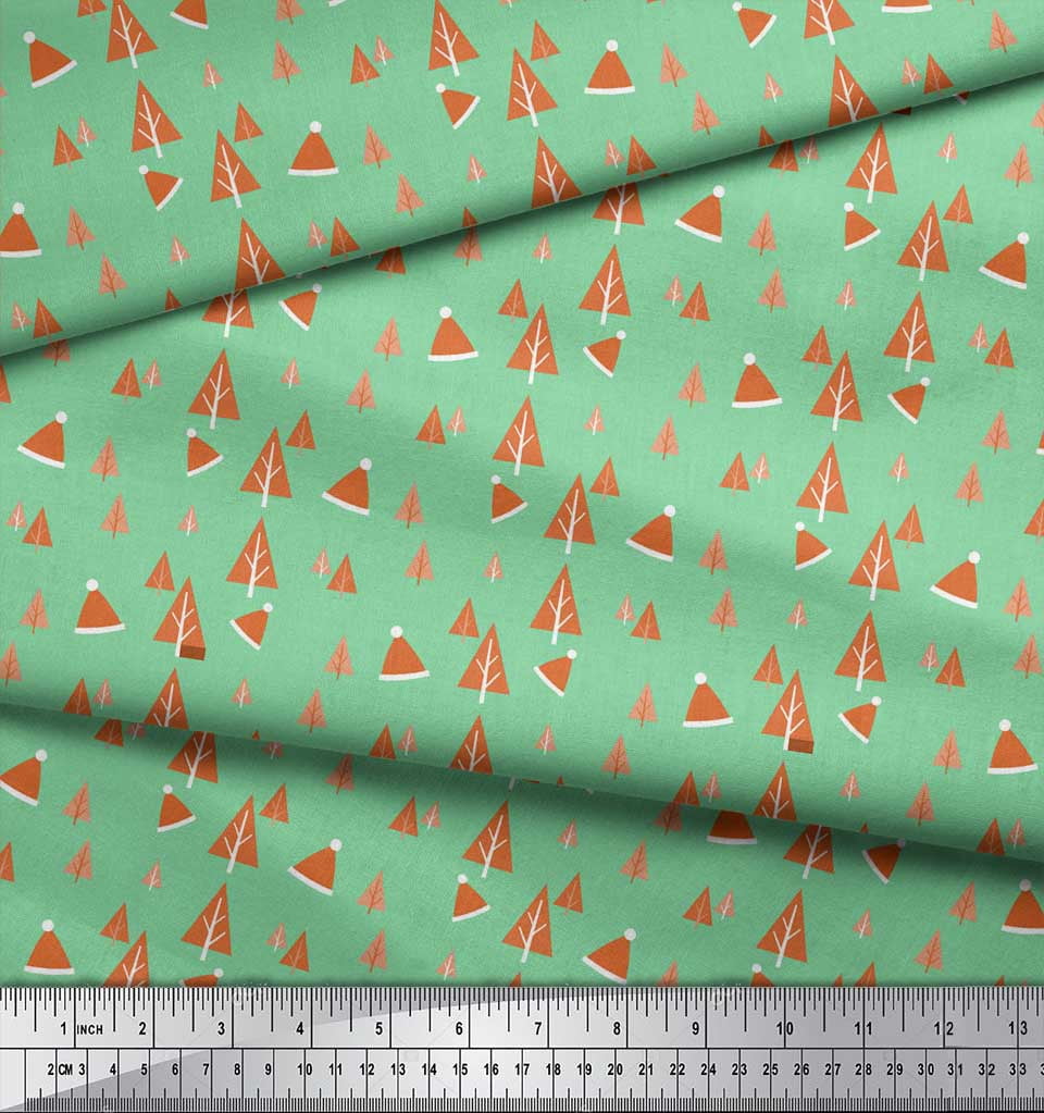 Soimoi Green Georgette Viscose Fabric Santa Cap & Tree Christmas Printed Craft Fabric by the Yard 42 Inch Wide
